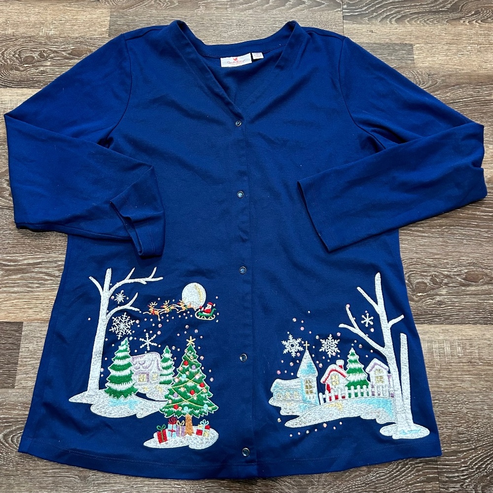 Quacker Factory Women’s Medium A White Christmas V-Neck Cardigan Navy